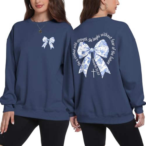 Bow Sweatshirt Christian Jesus Sweatshirts for Women Faith God Long Sleeve Shirts Bible Verse Graphic Pullover Gifts - color: Grayblue, size: XX-Large
