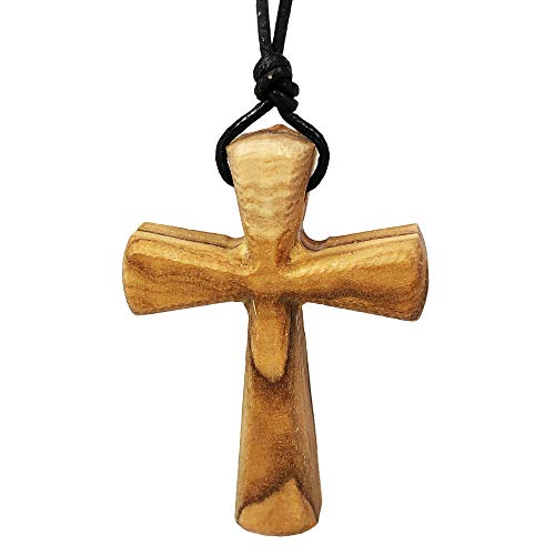 Hand Carved Tapered Wooden Cross Necklace for Men & Women on Adjustable Long Leather Cord - Available in Black or Brown - Wood Cross Pendant Gift for All Ages - color: Black