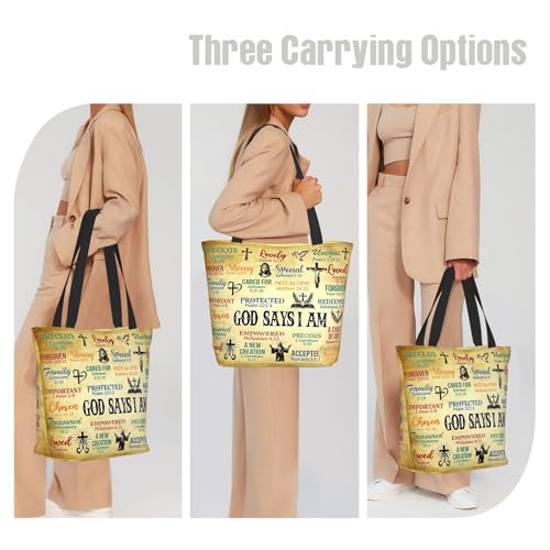 Christian Gifts Reusable Shopping Tote Bag Zippered Inspirational Tote Bags for Women Bible Verse Shoulder Bag - color: God Says I Am