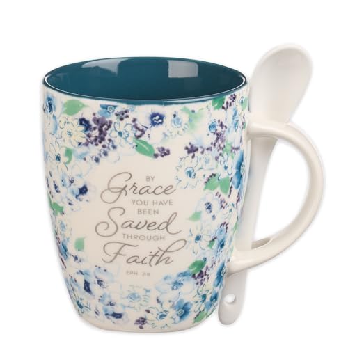 Christian Art Gifts Coffee and Tea Mug with Ceramic Spoon Set for Women - color: Grace/Navy Blue