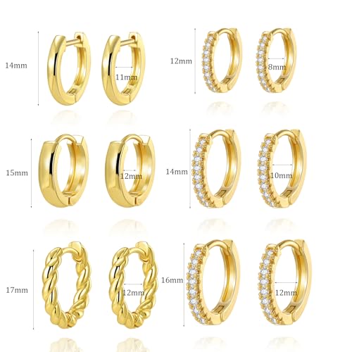18K Gold Plated Hoop Earrings for Women, NICKEL-FREE & HYPOALLERGENIC, Timeless Jewelry Gift - color: Gold-6pcsD