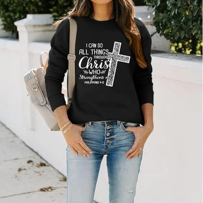 KEEVICI Christian Jesus Sweatshirts For Women Religious Bible Verse Cross Sweatshirt God Hoodie Faith Long Sleeve Shirts - color: Black, size: Medium