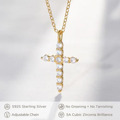 NORBU S925 Cubic Zirconia Cross Necklace for Women, Womens Cross Necklaces - color: Gold