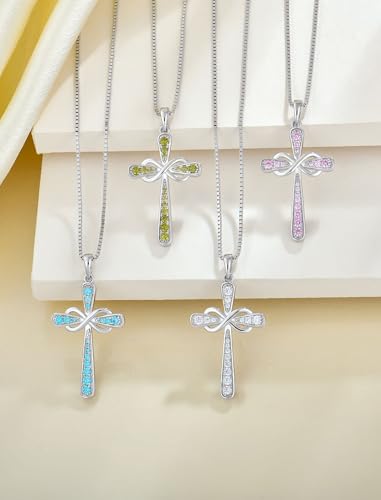 YL 925 Sterling Silver Cross Necklace for Women Halo Infinity Pendant Cubic Zirconia Jewelry for Mom - color: 10-pink tourmaline-Oct
