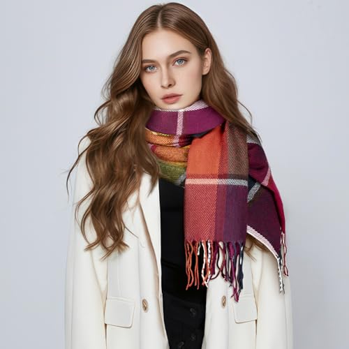 Clothirily Womens Winter Scarf, Oversized Long Blanket Plaid Shawl Wrap - color: Red Purple Lattice