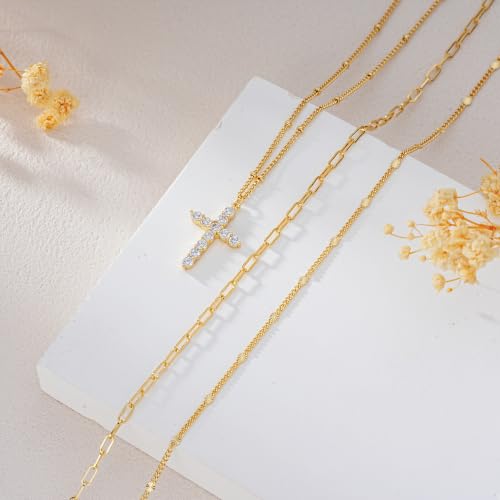 3PCS Gold Silver Layered Necklaces for Women Trendy - color: Gold&Cross
