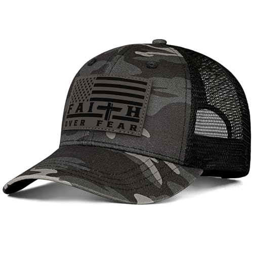 Faith Over Fear Christian Hats for Men Women, American Flag Trucker Hat, Religious Gifts for Thanksgiving Christmas - color: Camo