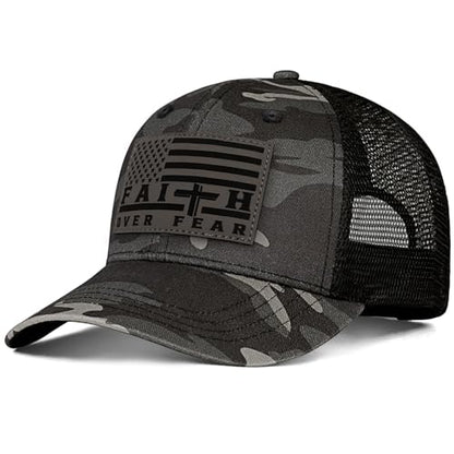 Faith Over Fear Christian Hats for Men Women, American Flag Trucker Hat, Religious Gifts for Thanksgiving Christmas - color: Camo