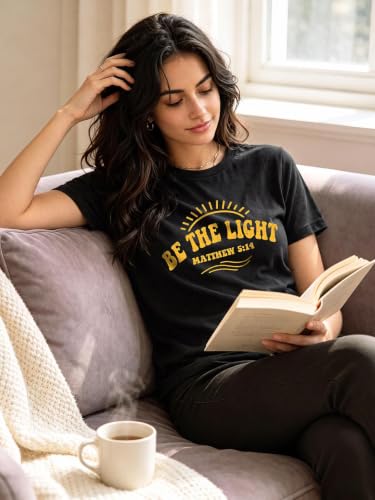 Christian Shirts for Women Be The Light Tshirts Crewneck Graphic Tees Tops - color: Black, size: Large