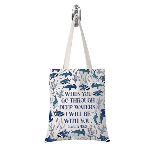 TSOTMO Whale Shark Gift When You Pass Through Deep Waters Inspirational Tote Bag Christian Ocean Beachy Gift for Women