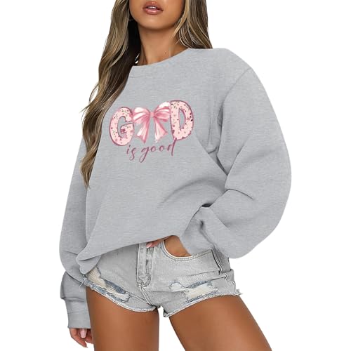 KEEVICI God Is Good Christian Sweatshirts for Women Bow Jesus Cute Bible Verse Sweatshirt Faith Religious Graphic Hoodies - color: Light Gray, size: Large