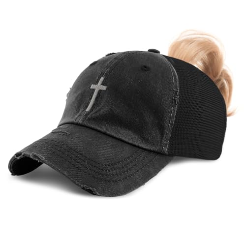 Ponytail Cap Women's Baseball Cap Embroidered Cross Silver Christ Jesus God Faith Cotton - color: Black Design Only