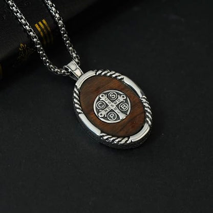 ONEFINITY Wooden Necklace Viking Wolf/St Benedict Medals/St Michael/Crucifix/St Christopher Pendant Necklace for Men Archangel Amulet Wooden Religious Jewelry Gifts for Men Women - style: St Benedict-Oval