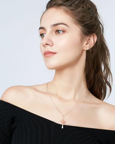 ACECHA Silver Cross Necklace for Women, Crosses Pendant with Birthflower - color: White Silver-Rose
