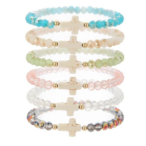 6 Pcs Colorful Cross Crystal Beaded Bracelets for Women - color: B