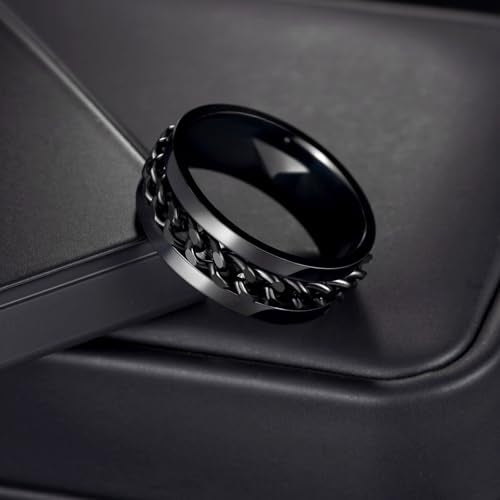 Mens Fidget Rings Anxiety Ring for Men 6mm 8mm Chain Spinner Ring Size 5-14 - color: Black Black