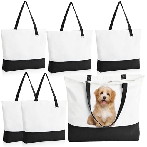6-Pack Canvas Tote Bags with Zipper, Large Reusable Grocery Tote Bluk - color: Black/White