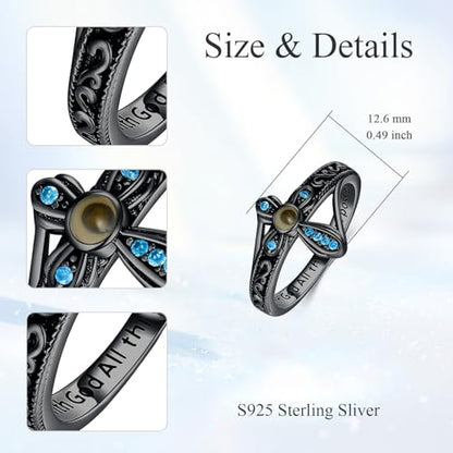 AOBOCO Cross Ring with Mustard Seed 925 Sterling Silver With God All Things Are Possible Band Rings, Size 4-13 - color: Black