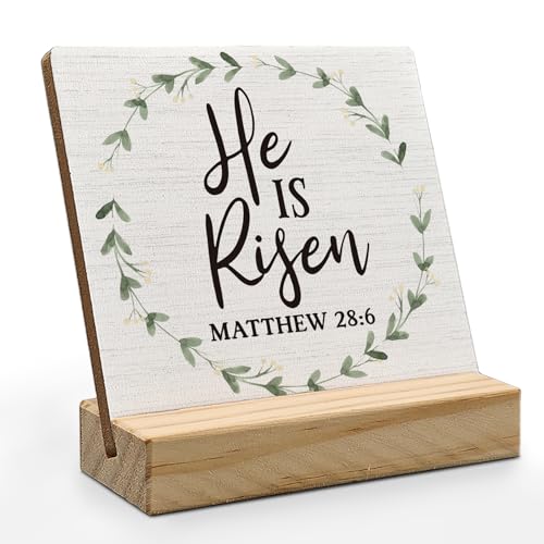 Easter Christian Desk Decor, Christian Bible Verse Easter Wood Plaque, Christian Religious Quotes He is Risen Matthew 28:6 Wooden Plaque Sign with Wood Stand for Home Office Decor - color: risen sign, size: 4x4 inches
