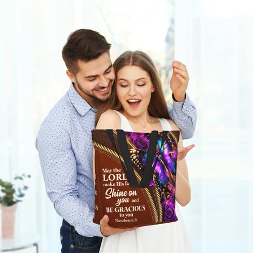 Bible Tote Bags for Women Christian Tote Bag Church Shoulder Bag Inspirational Bags With Zipper Christian Gift - color: The Lord Make His Face Shine