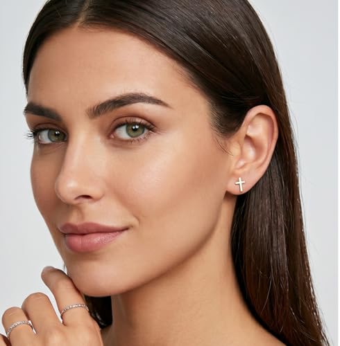 Reffeer Solid 925 Sterling Silver Cross Stud Earrings for Women Teen Small Cross Earrings Studs - color: B-Yellow