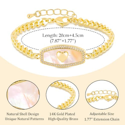 LETFLY Natural Shell Bracelets for Women, 14K Gold Plated Butterfly/Lips/Cross/Heart Charm Adjustable Cubic Zirconia Cuban Link Chain, Dainty Trendy Handmade Jewelry Gifts - style: Style E