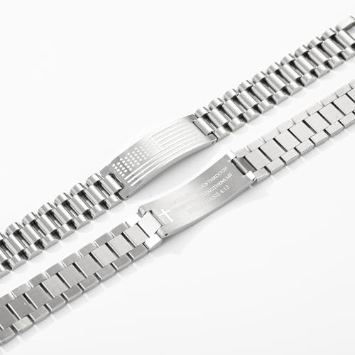P. BLAKE American Flag Bible Verse Bracelet for Men, Stainless Steel Engraved Scripture Bracelet Christian Religious Christmas Birthday Jewelry Gifts - color: Silver, size: PHILIPPIANS 4:13