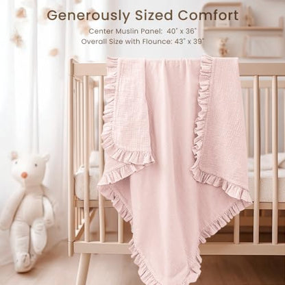Konssy 100% Cotton Muslin Baby Blanket with Ruffle Trim for Girls, 43"x39" - color: Baby Pink