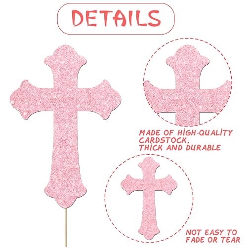 Cross Centerpiece Sticks 12Pcs LUCKYQUBE Pink Glitter Easter Cross God Bless Centerpieces for Table First Communion Baptism Decorations for Girls God Bless Theme Party Supplies