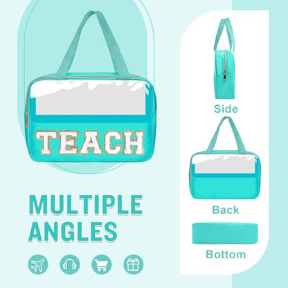 Teacher Appreciation Gifts Chenille Letter Clear Makeup Bag TEACH Pouch, Preppy Waterpoof Makeup Cosmetic Bag with Zipper Graduation Retirement Birthday Teacher Essentials Gifts for Women(TEACH-Green) - color: TEACH-Green