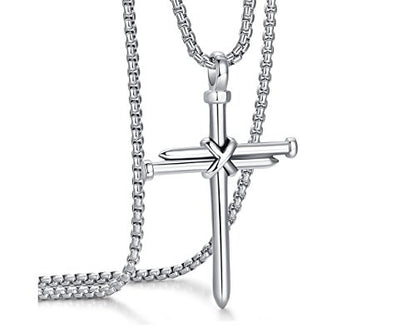 Men's Stainless Steel Nail Cross Pendant Necklace With 24 Inch Chain - color: Silver
