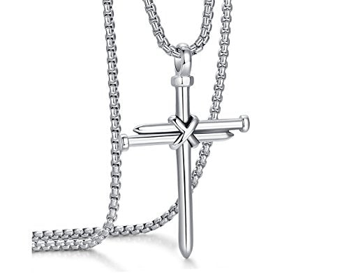 Men's Stainless Steel Nail Cross Pendant Necklace With 24 Inch Chain - color: Silver