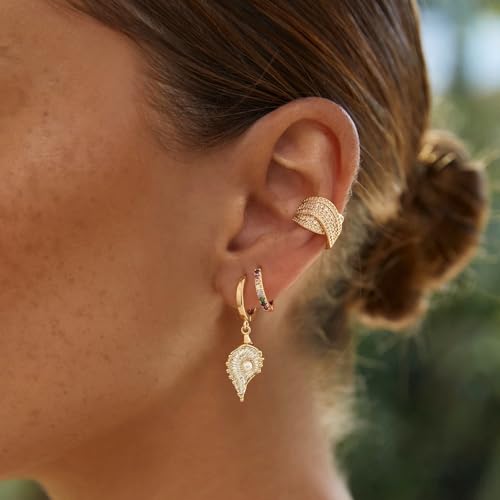 MYEARS Women Earrings Gold Huggie Hoop Dangle Drop 14K Gold Plated Small Simple Hypoallergenic Everyday Jewelry - style: Conch Shell