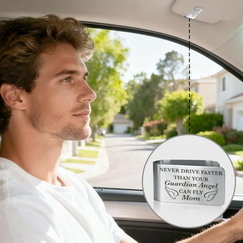 Never Drive Faster Than Your Guardian Angel Can Fly Mom Engraved Stainless Steel Car Visor Clip, Inspirational Guardian Angel Safe Driving Gifts for Son Daughter, Drive Safe Reminder Gifts - color: silver011