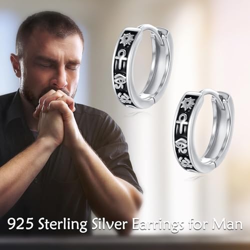 AOBOCO Black Hoops Earrings for Men Sterling Silver Viking Celtic Cross Heart Skull Round Triangle Hoop Earrings Birthday Father Day Christmas Jewelry Gifts for Men Women Friends - style: Ankh Hoops