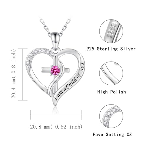 925 Sterling Silver I Am a Child of God Scripture Pendant with Birthstone Heart Cross Communion Necklace for Women Christian Faith Jewelry Gift - color: July