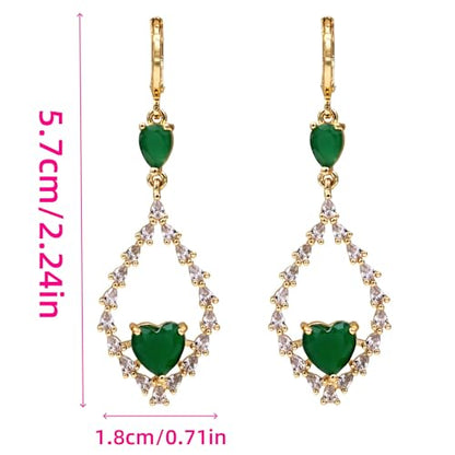 18K Gold Plated, Dangle Earrings for Women, Flower/Heart Drop earrings, Hypoallergenic Cubic Zirconia Earrings, Lightweight, Party, gold earrings, Jewelry for Gifts, Fashion - style: 7508-Green