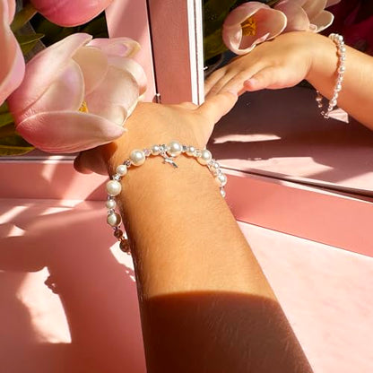 Baby Crystals Sterling Silver Cross Charm | White Pearl Baptism Bracelet - style: 6 years – Adults Adjustable