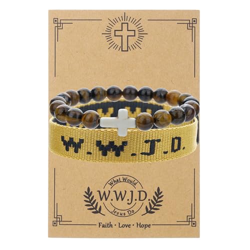 WWJD What Would Jesus Do Christian Stackable Bracelet Set for Women Men, Inspirational Faith Cross Beaded Elastic Wristbands, Religious Bible Verse Jewelry Gift for Church - color: Amber 2pcs A