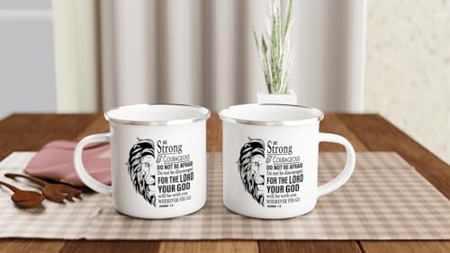 Christian Gifts Lion Ceramic Coffee Mug. Microwave and Dishwasher-safe Inspirational Scripture Coffee and Tea Mug for Men and Women with Bible Verse: Strong & Courageous – Joshua 1:9 - 12oz Enamel Cup - size: 12 Ounces