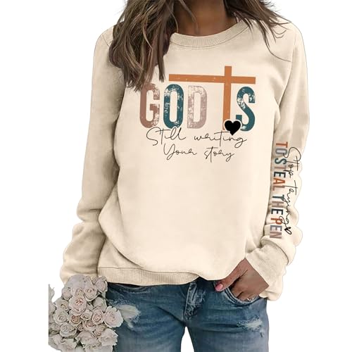 Christian Sweatshirts for Women Jesus Long Sleeve Graphic Shirts - color: Beige, size: Large