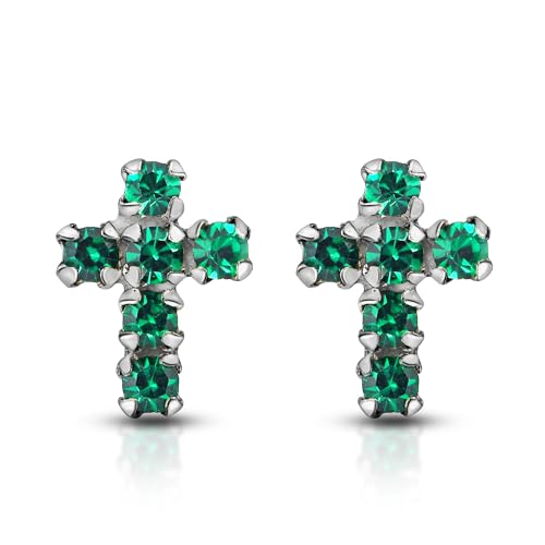 AeraVida Sparkling and Colorful Faith Cubic Zirconia Cross Sterling Silver Stud Earrings | Religious Pierced Jewelry Gift for Women | Christian Daily Wear Earrings - color: Dark Green
