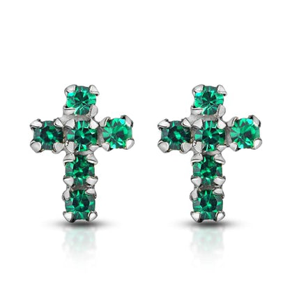 AeraVida Sparkling and Colorful Faith Cubic Zirconia Cross Sterling Silver Stud Earrings | Religious Pierced Jewelry Gift for Women | Christian Daily Wear Earrings - color: Dark Green