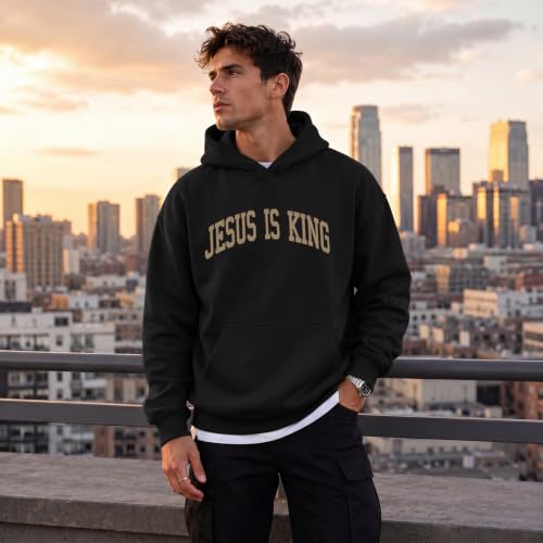 Wrenpies Christian Jesus Love You Hoodie for Men Jesus Is King Faith Religious Bible Verse Hoodies Graphic Fleece Sweatshirt - color: Black, size: X-Large