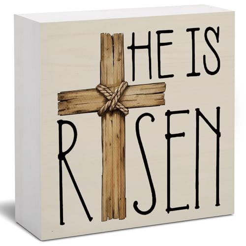 Easter Decor, He is Risen Religious Easter Wooden Box Sign, Cross Tiered Tray Decorations, Farmhouse Bunny Table Centerpiece Sign for Party Home Kitchen Dining Table Decor 5x5 - color: 03-Easter-He is Risen