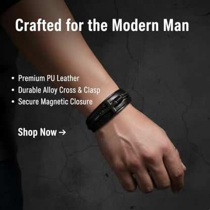 Stainless Steel Braided Leather Bracelet for Men Cuff Bangle Cross - color: 1-black