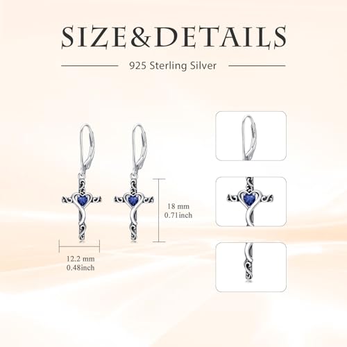TOUPOP Cross Birthstone Earrings 925 Sterling Silver Heart Cross Dangle Earrings Fine Jewelry Christmas Birthday Gifts for Women Wife Mom Her - color: White Gold-09-September-Sapphire