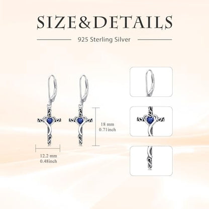 TOUPOP Cross Birthstone Earrings 925 Sterling Silver Heart Cross Dangle Earrings Fine Jewelry Christmas Birthday Gifts for Women Wife Mom Her - color: White Gold-09-September-Sapphire
