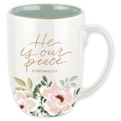 Christian Art Gifts Large 15 oz Ceramic Floral Coffee & Tea Mug for Women - color: He is Our Peace/White & Mint Green Multi Floral