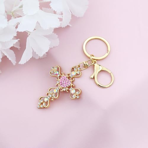 TTYY Stylish Rhinestone Cross Keychain - Sparkling Christian Car Key Ring for Women Men,Religious Gift for Purse Backpack Bag - color: Pink